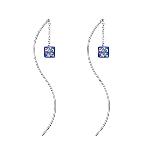 BriLove 925 Sterling Silver Threader Earrings Bohemian Boho Curved Pin Glitter Crystal Women Earrings Sapphire Color AB Cube Shape