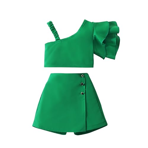 niceclould Kids Girls Ruffle Sleeve Asymmetric One Shoulder Crop Tops and Shorts Skirt Solid Color Summer Outfits Set 18M-6Y (A-Green, 18-24 Months)