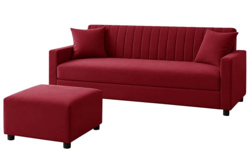 Image of Urban Decor 3 Seater Wooden Sofa Set with Matching Ottoman, Modern Channel Tufted Velvet Fabric Couch for Living Room-Red