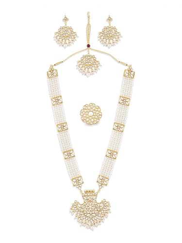 Juego de joyas de latón DMZ-2299 con cuentas de perlas blancas y Kundan talla S
