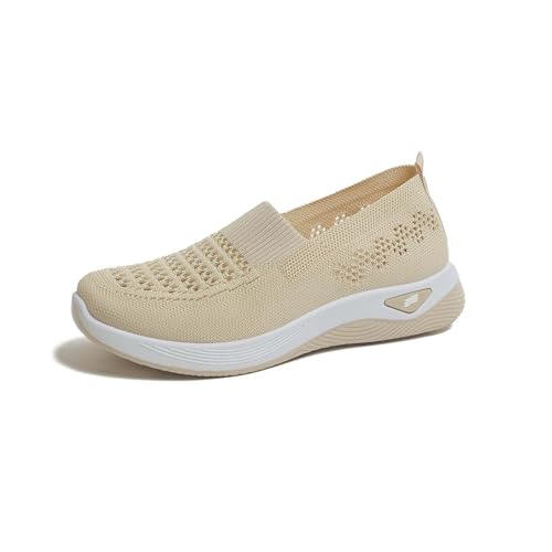 Zapatos Casuales para Mujer Transpirables y Ligeros con Gruesa para Caminar Diario Comodidad Sin Cordones (Beige, 36) #259