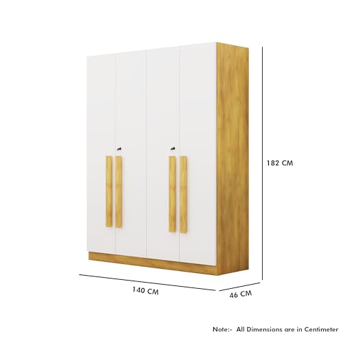 Image of Bniture 4 Door Wardrobe for Bedroom with Lockable Door & Hanging Space | Almirah for Clothes with Elevated Bottom Base | Wardrobe for Storage | 3 Years Warranty (Giant Wood & Frosty White, 4 Door)
