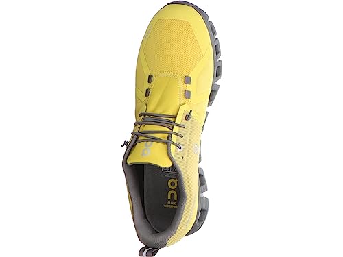 ON Men's Cloud 5 Waterproof Sneakers, Mustard/Rock, 10.54