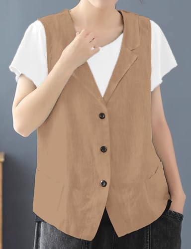 IDEALSANXUN Linen Vest for Women Casual Sleeveless Spring Summer Blazer Jackets2