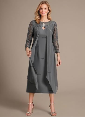 Scoop Tea Length Lace Chiffon Mother of The Bride Dress with Crystal Brooch Long Sleeve Formal Dress3