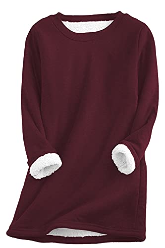 Hormtaer Damen Pullover Winter Warm Teddy Fleece Rundhals Einfarbig Sweatshirt Gefüttert Langarmshirt Oberteil (Wein, M) Cover