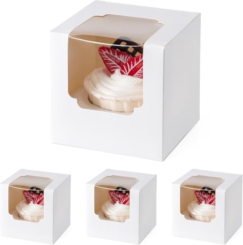 25 Pack Individual Cupcake Containers, Cupcake Boxes with Window, Food Grade Cupcake Holders with Inserts, Stackable Deep Cupcake Carrier (New-White)