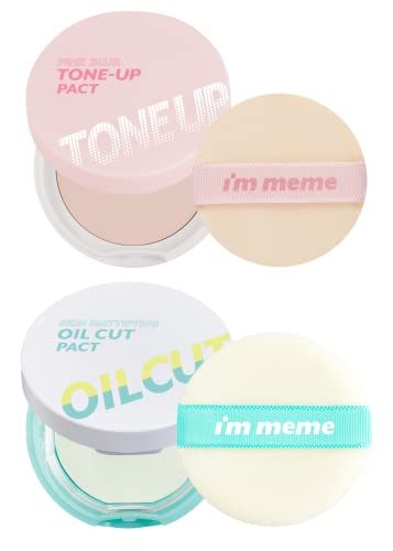 I'm Meme Compact - Tone-Up Pact | Pink Blur Effect, Mattify Skin, Pressed Powder, 0.35 Oz + Compact - Oil Cut Pact Bundle #TOP22