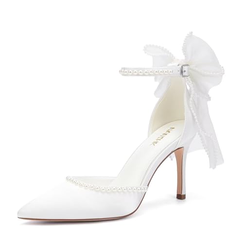 High Heel Wedding Shoes for Bride Pointed Toe Bridal Shoes Pearl Heels Bow Tie Back Wedding Heels