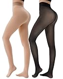 HONGTEYA 2 Pairs Fleece Lined Tights Women - Warm Sheer Pantyhose Fake Translucent Tights Winter Thermal Leggings (US, Alpha, Medium, Regular, Regular, Fake Translucent Black+Nude)