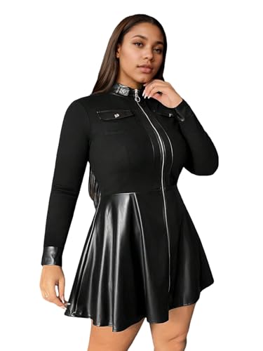 ZDNPX Plus Size Women's Zip Up Flap Detail PU Leather Splicing