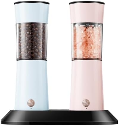 Gravity Electric Salt and Pepper Grinder Set with USB-C Charging Base,Rechargeable Automatic Stainless Steel Pepper Mill Grinder with LED Light, 2pack+Peach Orange (Morning Haze+Petal Pink)