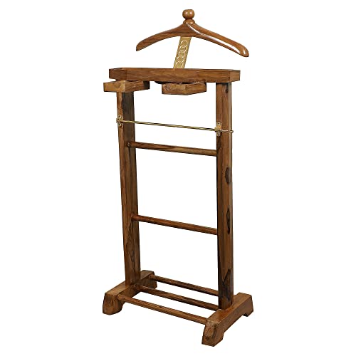 Image of BEVERLY STUDIO Natural Light brown Teak Wooden Sturdy Coat Stand /Cloth Hanger with Two Drawers(Length 47CM x Width 30CM x Height 104CM)