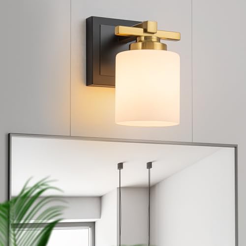 Image of Modern Bathroom Light Fixtures Over Mirror, Vanity Lights for Bathroom Wall Sconces with Milky White Glass Shades, E26 Socket (Bulbs Not Included), 1 Light, Black Gold