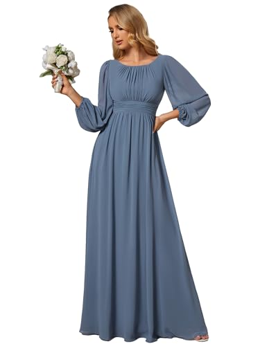 Image of Ever-Pretty Women's Crewneck Long Lantern Sleeves Floor Length A-Line Pleated Chiffon Formal Dress 0106B