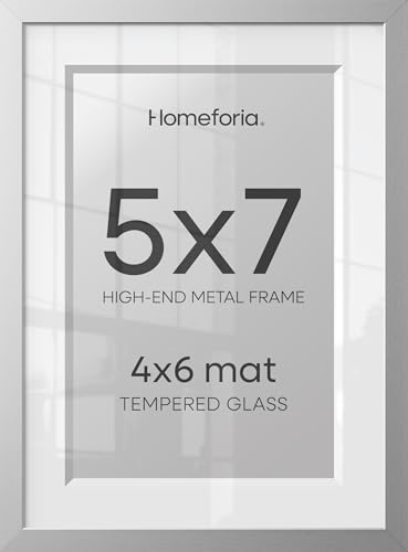Image of Homeforia 5x7 Silver Picture Frame, High-End Metal, 4x6 Mat, Glass | High End Aluminum, Tempered Glass, Acid-Free 4x6 Removable Mat, 5x7 in Edge-to-Edge Display 7x5, Wall Kit, Set Of 2