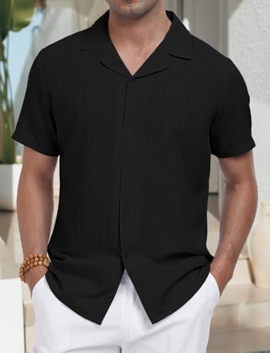 Men Short Sleeve Casual Button Down Shirt Lapel Collar Solid Beach Blouse