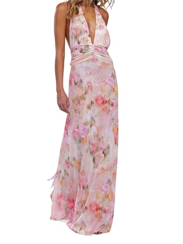 Felcia Sommer-Maxi-Cocktailkleid, Boho, Neckholder, V-Ausschnitt, rückenfrei, fließend, trendig, Rüschen, Sommerkleid für Damen 2025, A-Pink, M