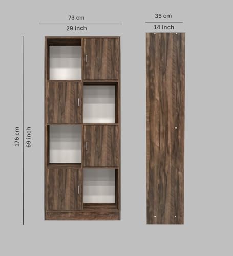 Image of SPECIALITY PANELS Bookcase with 4 Open Shelves and 4 Closed Shelves with Shutters, Brown Wood Finish, 73x35x176 cm
