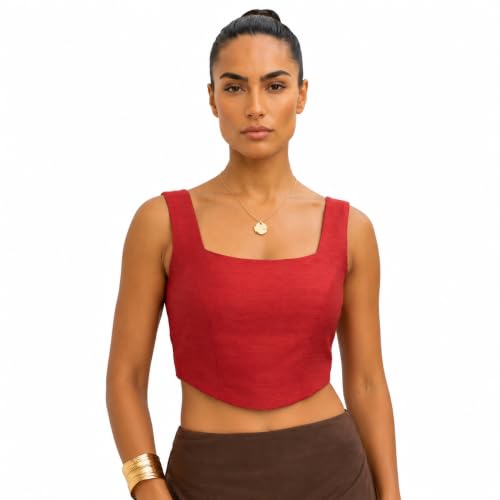 Image of Women's Corset-Style Raw Silk Crop Top | Structured Sleeveless Blouse with Built-in Padding & Back-Open Closure | Doubles as Western Top & Saree Blouse
