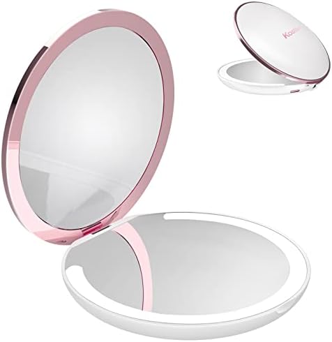 Kostlich Travel Makeup Mirror with LED Lights, 1x/7x Magnifying Compact Mirror 4.7 Inch, Folding, Rechargeable Handheld 2-Sided Pocket Mirror, Portable for Handbag Purse