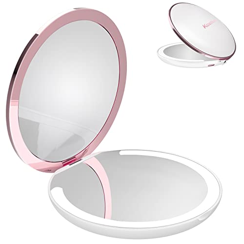 Kostlich Travel Makeup Mirror With Led Lights, 1X/7X Magnifying Compact Mirror 4.7 Inch, Folding, Rechargeable Handheld 2-Sided Pocket Mirror, Portable For Handbag Purse #TOP3