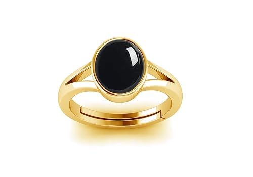 SIDHGEMSLab Certified Top AAA+ Quality 5.25 Ratti Natural Black Onyx Chalcedony Sulemani Hakik Gold Plated Gemstone Adjustable Ring for Men and Women