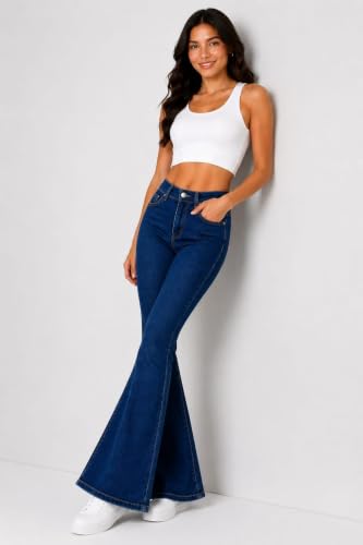 Image of Women's High Waist Bell Bottom Jeans | Flared Wide Leg Stretchable Denim Pants | Stylish Casual, Party & Everyday Wear | Denim Pant Suits | Bootcut Fit Design