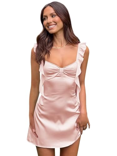 Satin Spaghetti Straps Homecoming Dresses - Short Ruffles Graduation Cocktail Dress for Teens Blush Pink US2