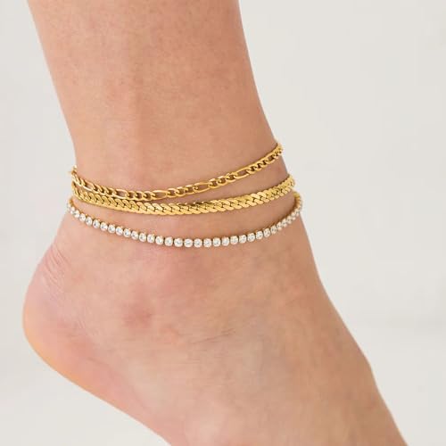 Image of iF YOU Gold Ankle Bracelets for Women, 14k Gold Plated Waterproof Cuban Link Chain Anklets Set, Layered Anklet Bracelets for Women Beach Gift Adjustable Size 5pcs