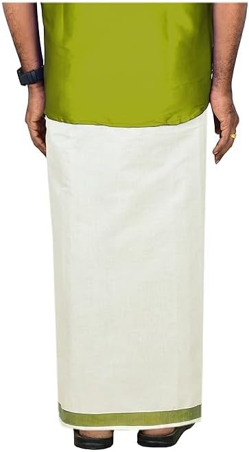 Jhon Men’s Traditional Cotton Dhoti/Veshti with Green Border | South Indian Mundu | Pure Cotton White Dhoti for Men