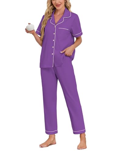 Image of COLORFULLEAF Women's 100% Cotton Pajamas Set Button Down Sleepwear Short Sleeve Shirt and Long Pants Soft Ladies Lounge Sets