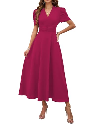 Image of Shasmi Girl's & Women's Solid Color V-Neck A-Line Maxi Dress for Women | New Year Party Outfit | Waist Cinched Puff Sleeve Western | Elegant Casual Wear (Dress 246)