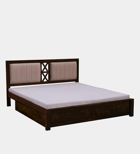 Image of EXCEL International Cross Pettern Design Solid Sheesham Wood Queen Size Bed with Drawer Storage | Double Bed with Box Storage & Upholstered Cushined Headboard for Bedroom | Rosewood, Provincial Teak