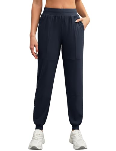 heekpek Pantalones Chandal Mujer Pantalon Deporte Ligero Comodos Pantalones Jogger de Cintura Alta Elástica con Cordón de Ajuste, Bolsillos con Cremallera y Bandas Reflectantes, Azul Marino, M