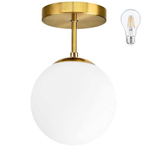 Gold Globe Semi Flush Mount Ceiling Light,Mid Century Modern Light Fixture Ceiling,Globe Ceiling Light for Hallway Living Room Kitchen Bedroom Storage Schoolhouse Laundry(Bulb Incl.)