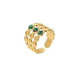 PETOLY Ringe Für Damen Handmade Solitaire-Ringe Vintage 18 Karat Gold Grün Malachit Ring Triple-Design Temperament Ring R595-Go-G