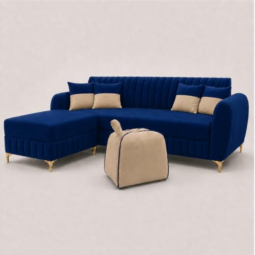 Image of CASASTYLE Signature Velour 4-Seater L-Shape Sofa Set with Movable Ottoman & Suri Pouf | Flexible LHS /RHS Layout | Boston Fabric | 40D Foam + Zigzag Spring | 3-Yr Warranty (Midnight Blue,Sand Beige)
