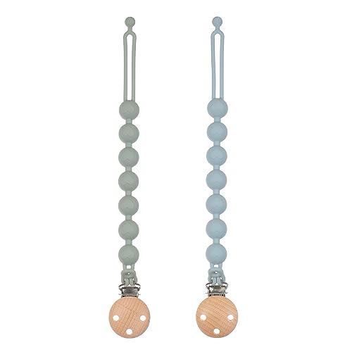 Image of Dirbabi Silicone Pacifier Clips for Baby, 2-in-1 One Piece Design Pacifier Holder & Teething Ring Toy, BPA Free, 2 Pack (Sage+Ether)