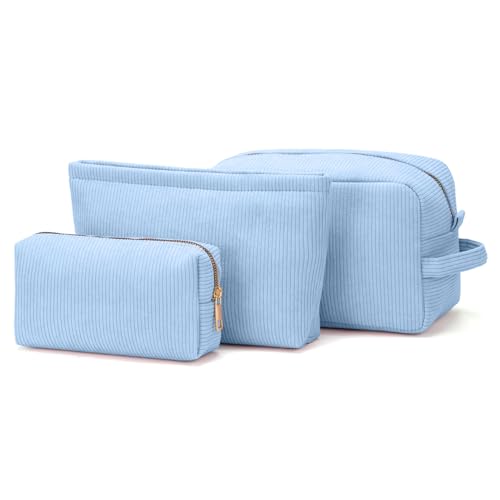 3 Pieces Makeup Bag Cosmetic Bags for Women Corduroy Travel Toiletry Make Up Brush Storage Bag Pounch Organizer Travel Essenitial for Women (Icing Blue) Icing Blue Corduroy Makeup Bag