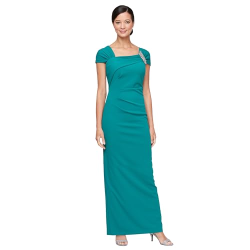 Image of Alex Evenings Women's Long Crepe Mother of The Bride Dress with Ruched Asymmetric Neckline & Embellishment, Formal Events