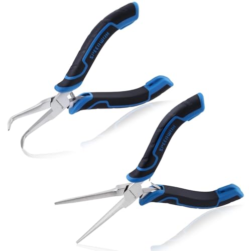 SPEEDWOX 2PCS Mini Needle Nose Pliers Set Needle Nose Pliers with Smooth Jaw & Bent Needle Nose Pliers with Serrated Jaw Angled Needle Nose Pliers for Jewelry Making Needle Remover Plier Fishing Plier