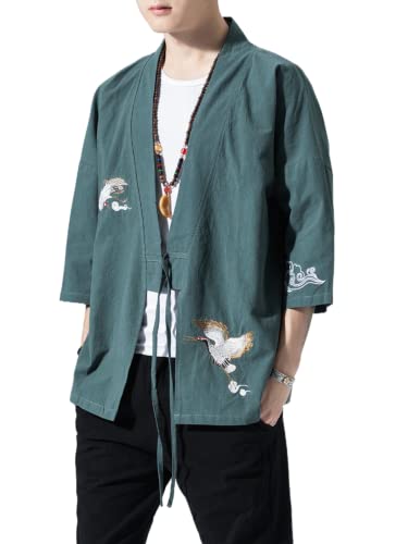 Image of Men's Japanese Kimono Cardigan Loose Cotton Linen 3 /4 Sleeve Open Front Casual Summer Shirt Jackets