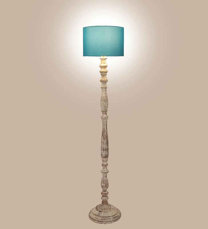 Image of tu casa Mango Wooden Floor Lamps with Aqua Shade for Home Decor, Bedrooms Corner, Living Room, Gifting, Diwali Decoration, Hall, Office, Study Room (Height: - 56 inch) - Bulb not Included