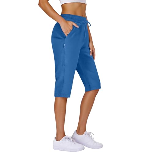 Women's Long Shorts with Zipper Pocket Capri Hiking Cargo Shorts Lightweight Knee Length Bermuda Shorts for Women Blue