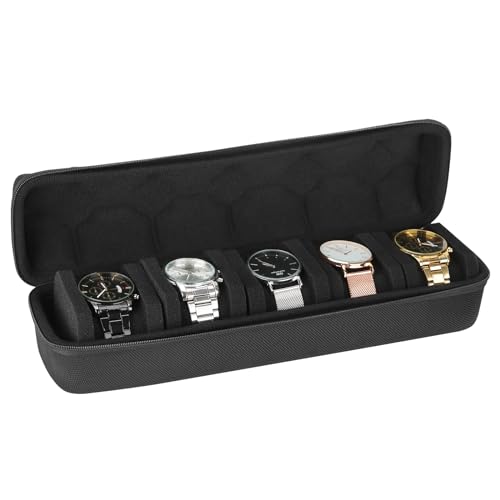 LETURE Étui de Voyage Rigide à 2 à 10 emplacements pour Montres, étui de Rangement et Organiseur, étui de Protection pour Montre avec Coussin Anti-Mouvement (5 emplacements, Noir), 5 Slots-Black,