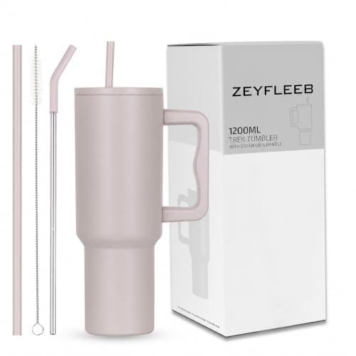 Image of 1200ML Stainless Steel Tumbler with Handle & Lid, 2 Straws - Large Travel Mug Water Cup for Gym, Office & Outdoor Use (Rose)