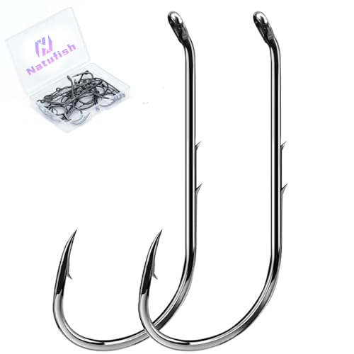 Natufish Baitholder Fishing Hooks 50Pcs Bait Holder Hooks Offset/Double Barbed/Long Shank/Down Eye for Soft Live Baits Saltwater(Size 8#)