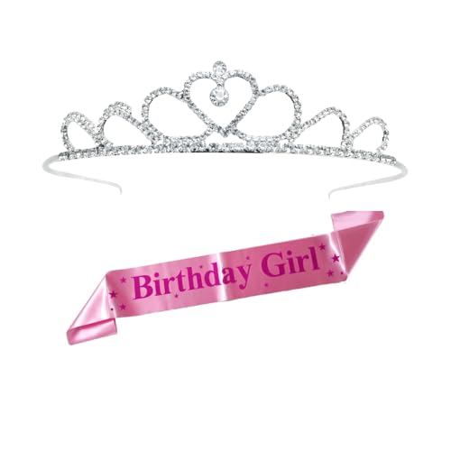 Image of DECOFY Birthday Sash & Crown Set - 3 Pc Combo with Tiara Crown Hairband, Sash & Pin (Pink), for Girls & Women of All Ages, Birthday Party Accessories, Stylish, Comfortable & Reusable Celebration Wear