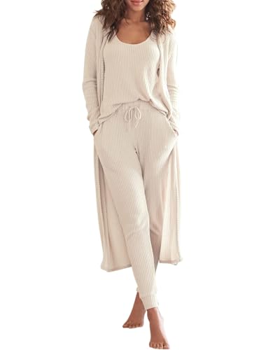 Eurivicy Womens Lounge Set Waffle Knit 3 Piece Pajama Sets Tank Tops Loose Pants with Long Cardigan Loungewear 2025 Beige